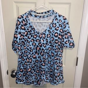 Boutique womens t shirt XL blue cheetah print cut out neck.